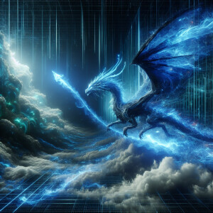 Mystical dragon soaring through a cyber storm,HDR, ultra-detaile...