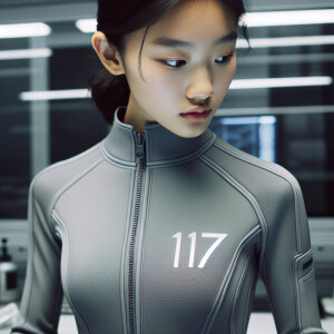 A girl in a lab wearing a gray jumpsuit with the number seventee...