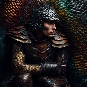 Elf man with dark leather and grey metal scales beautifuly cover...