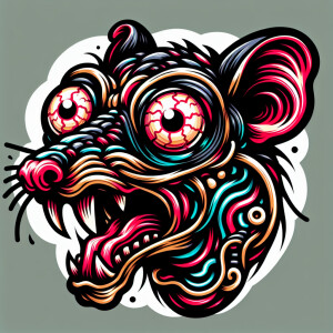 A cartoonish rat fink with bulging eyes in a new school tattoo s...