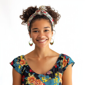 A cute woman

Smiling 

Clothes: Floral Dress

Looks Clean & Mod...