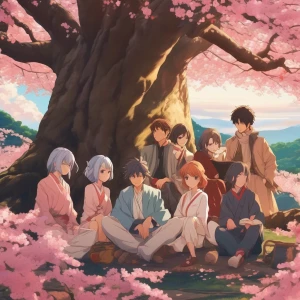 A group of friends gathered under a sakura tree, with vibrant, cell-shaded animation and expressive character designs