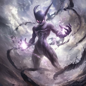 Design an image featuring Mewtwo, the Psychic-type Pokémon, in a...