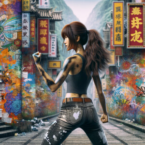 Athletic Thin skinny Attractive, Asian teenage girl, long brown hair and bangs, wearing tight skinny jeans and a halter top paint marks on her clothing, heroic pose Asian graffiti background, backside view