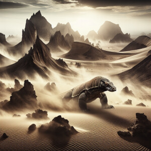 Komodo dragon, rocky,  desert, dust blowing