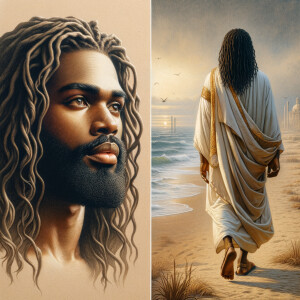 Create an image that combines two depictions of Jesus as an Afri...