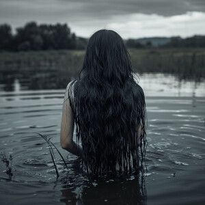 Capture the elegance of a fair-skinned woman with dark long wet...