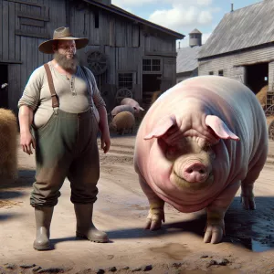 Hyperrealistic, An old farm, heavy farmer stsnding next to a gig...