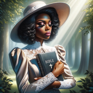 Render an airbrush oil painting of an African American woman with flawless makeup in a
contemplative pose, holding a Bible close to her heart, dressed in an elegant Sunday Best
outfit with a distinctive Church Hat. The background features a peaceful church garden,
with light filtering through the trees, highlighting her spiritual connection and the personal
moment of reflection. The artwork should capture the tranquility of the scene, the beauty
of her attire, and the depth of her contemplation, reflecting a serene and spiritually