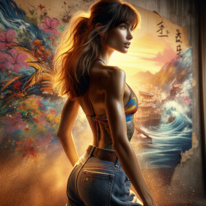 Athletic Thin skinny Attractive, Asian teenage girl, long brown hair and bangs, wearing tight skinny jeans and a halter top paint marks on her clothing, heroic pose Asian graffiti background, backside view