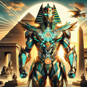 A dramatic and intense image of a weaponized Egyptian Ironman, b...