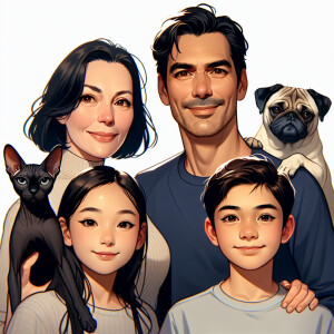 Семейный портрет из четырех человек, черная кошка сфинкс и мопс....