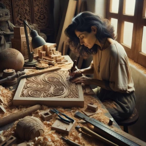 Artist carving intricate wood pattern