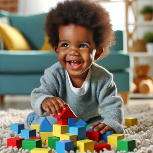A young child happily playing at home, grasping a variety of col...