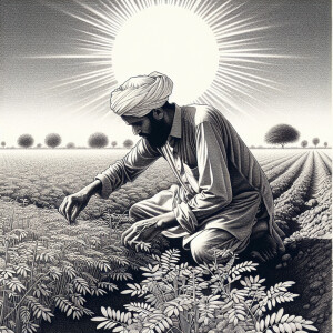 Create a sketch of a Pakistani farmer working in a field under t...