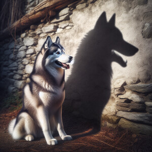 Hyper realistic image of a husky dog sitting near a wall, his sh...