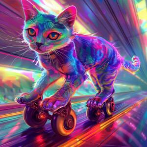 A steam punk cat with rainbow colors rollerskating