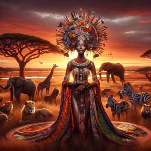 Envision a magnificent African savannah at the golden hour of su...