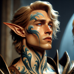 A tall elven man with a soft and angelic but masculine face, elf...