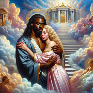 An oil painting depicting a light-skinned African-American Jesus...