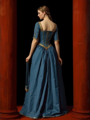 A noblewoman, facing slightly to the side, wearing a tight blue...