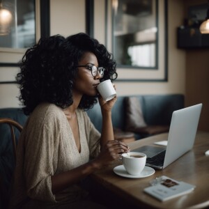 black women with lone black wavy hair wearing glasses, drinking...