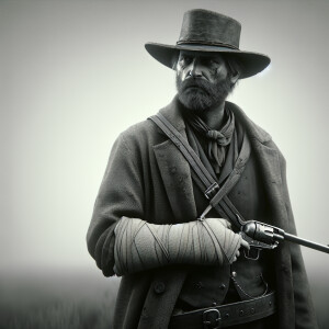 A old west gunslinger with left arm in a cast down by his side,...