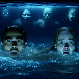A guy and a girl swim in fright in the lake. Terrible pale faces...
