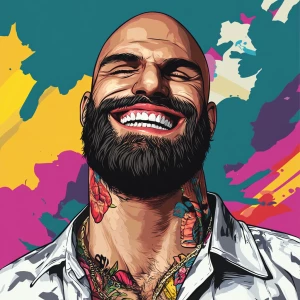 White muscular thin man with beard, big chin, smile and cheekbon...