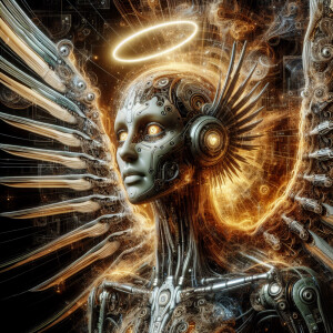 A digitally enhanced Angel, exuding a futuristic aura amidst anc...