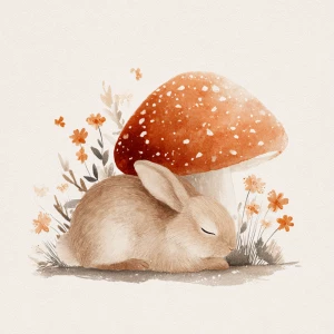 Cute fluffy rabbit sleeping peacefully under large spotted mushr...