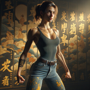 Athletic Thin skinny Attractive, Asian teenage girl, long brown hair and bangs, wearing tight skinny jeans and a halter top paint marks on her clothing, heroic pose Asian graffiti background, side view