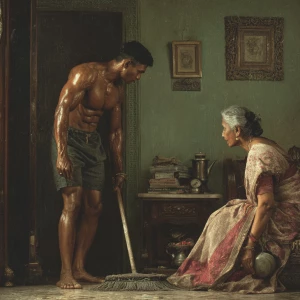 realism. A muscular indian man exercising in his house while his...