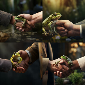 handshake of a beautiful frog and a man, realistic photo, 4k