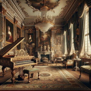 A 17th century upper class room with a 17th century piano in it