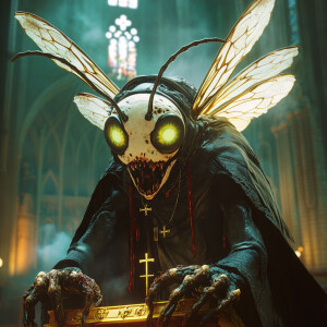 stylized, macabre demonic anthropomorphic wasp with human-like f...