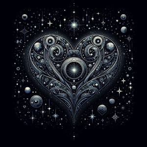 Black background, covered in tiny stars and tiny celestial shape...