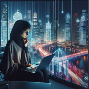 Young woman focused on laptop, seated in a high-tech library, ga...