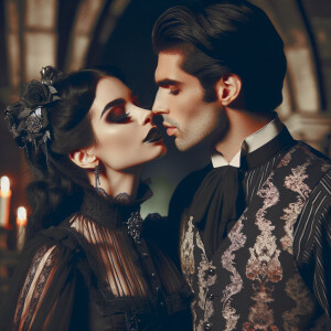 A beautiful goth woman lips kissing with a handsome goth man, embodying corrupting energies of each other, dark love