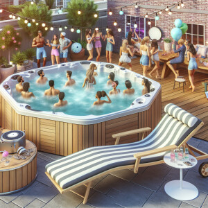 Photorealistic image. 90s hottub party. Chaise lounge in front e...