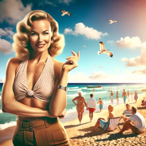 A confident woman with blonde hair, wearing a tiny bikini, strik...