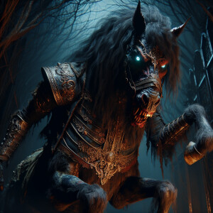Create an image of a threatening centaur wearing a decrepit, dar...