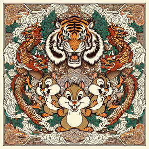 Орнамент в японском стиле с тигром и драконом в середине Чип и Д...
