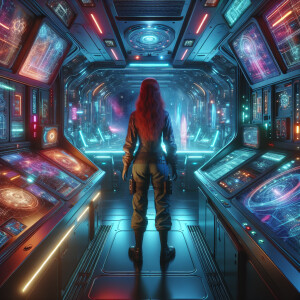 red-haired female astronomer face to us aboard a cyberpunk space...
