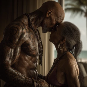 Hyperrealism ,a latin muscular beefy tattoed sweaty man kissin...