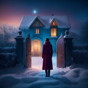 The girl opens the door of the house, looks at the grave in the...