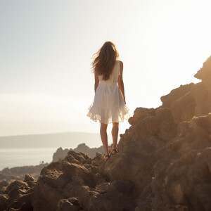 Photo of long hair brunnette girl wearing white short sun dress...