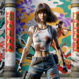 Athletic Thin skinny Attractive, Asian teenage girl, long brown hair and bangs, wearing tight skinny jeans and a halter top paint marks on her clothing, heroic pose Asian graffiti background