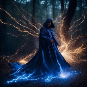 Mystical sorcerer, dark robes billowing, intense gaze, crackling...