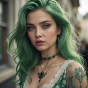 A stunning 22yo European female, green hair and green eyes.